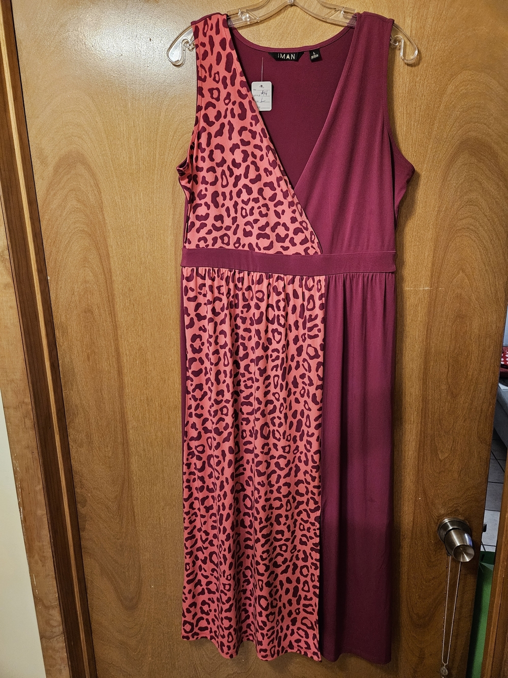 IMAN Pink Leopard Print and Burgundy Sleeveless Maxi Dress